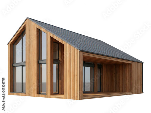 Contemporary wooden house exterior night view isolated on a transparent background