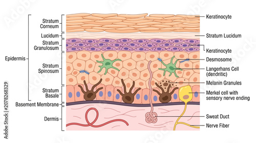 Fotografie Detailed anatomical illustration of human skin layers with labeled components, showcasing the epidermis, dermis, and key structures in a clear, educational diagram