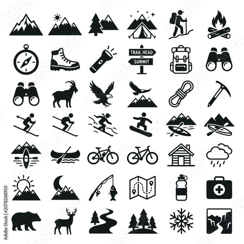 Outdoor Adventure Icons: Hiking, Camping, Skiing, Biking, Climbing, Fishing