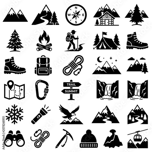 Outdoor Adventure Icons: Hiking, Camping, Climbing, Nature & Exploration