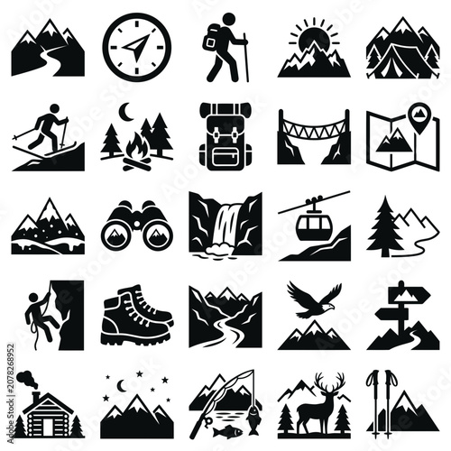 Outdoor Adventure Icons: Hiking, Camping, Mountains, Skiing, Fishing, Climbing, Travel