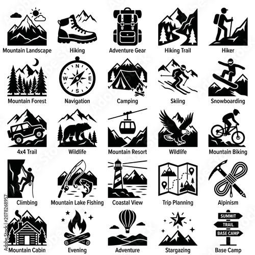 Outdoor Adventure Icons: Hiking, Camping, Skiing, Biking, and More