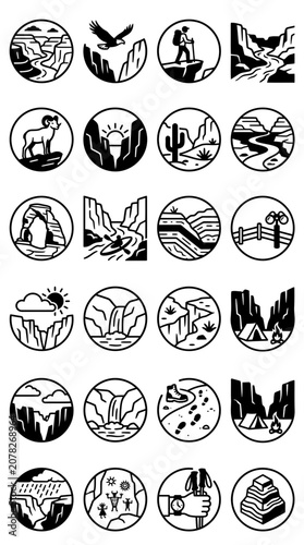 Outdoor Adventure Icons: Hiking, Nature, Mountains, Canyons, Wildlife & Travel