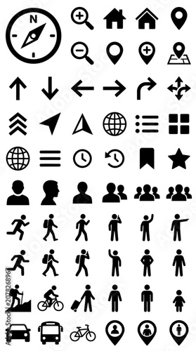 Navigation and Location Icons: Compass, Map Pins, People, Arrows, Transport