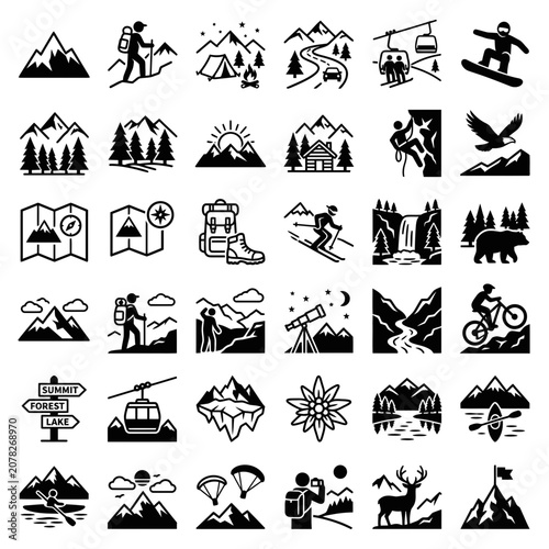 Outdoor Adventure Icons: Hiking, Skiing, Camping, Biking, Climbing, and More