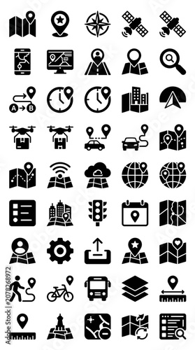Navigation Icons: Maps, Location Pins, GPS, Route Planning, Satellites, Drones