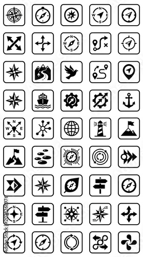 Navigation Icons Set: Compass, Map Pins, Directions, Wind Rose, Globe