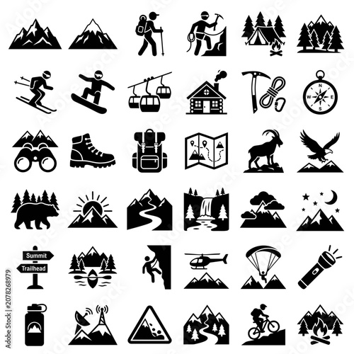 Outdoor Adventure Icons: Hiking, Skiing, Camping, Climbing, Nature & Travel