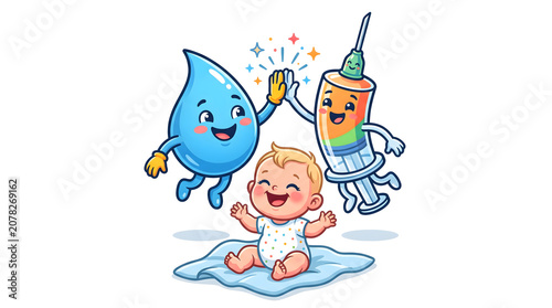 Cute cartoon baby with smiling drop character and syringe celebrating vaccination
