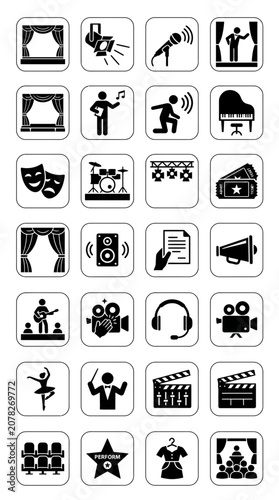 Performance and Entertainment Icons Set: Stage, Music, Film, and Theatre