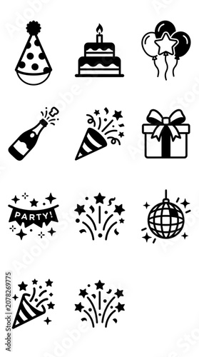 Party Icons Collection: Birthday Cake, Balloons, Gift Box, Champagne, Confetti, Disco Ball