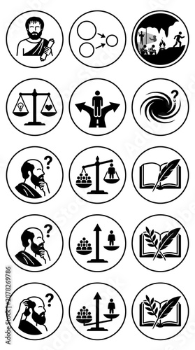 Philosophy Icons: Socrates, Scales of Justice, Decision Making, Book & Quill, Abstract Concepts