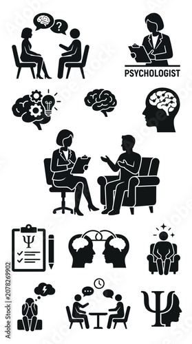 Psychology Icons: Therapy Session, Brain, Mental Health, Consultation, Counseling