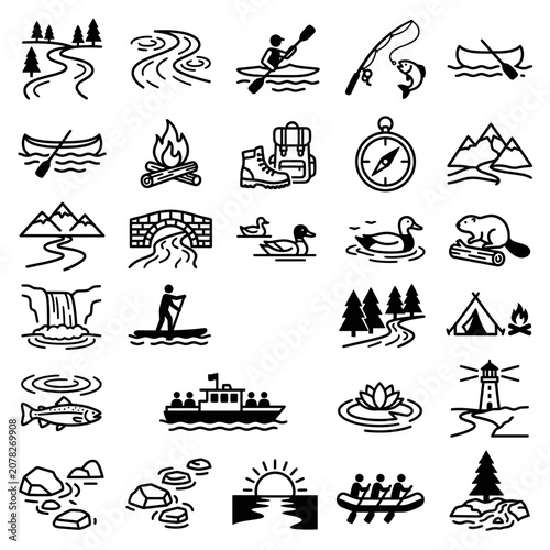 Outdoor Adventure Icons: Kayaking, Fishing, Hiking, Camping & Nature Activities