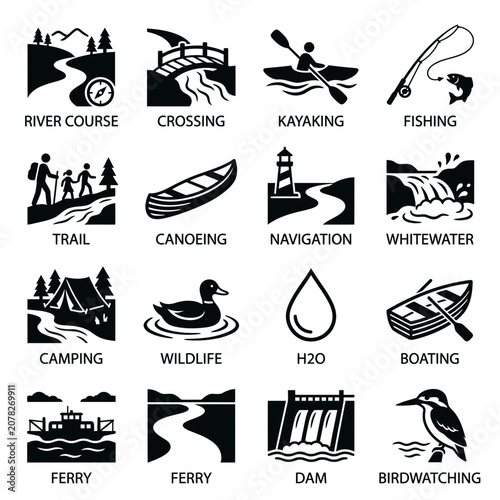 Outdoor Adventure Icons: Kayaking, Camping, Fishing, Boating & More