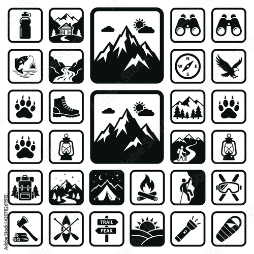 Outdoor Adventure Icons: Mountains, Camping, Hiking, Nature and Sports