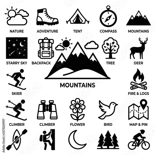 Outdoor Adventure Icons: Mountains, Camping, Hiking, Skiing, Nature