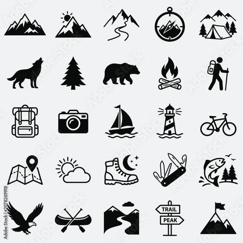 Outdoor Adventure Icons: Mountains, Camping, Hiking, Wildlife, and Travel Set