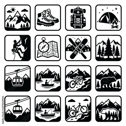 Outdoor Adventure Icons: Mountains, Hiking, Camping, Climbing, Skiing, Biking, Fishing, Cable Car