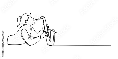 Canvas Print Continuous single line drawing of a woman playing the saxophone musical instrume