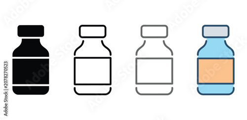 medicine bottle and vial icon collection featuring silhouette, line art, sketch and colored variations, pharmacy, healthcare treatment and drug dosage symbols, clean modern editable vector set for UI,