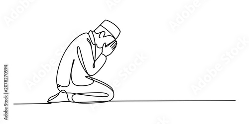 Fotografía Continuous line drawing of a muslim man praying while kneeling in humble worship