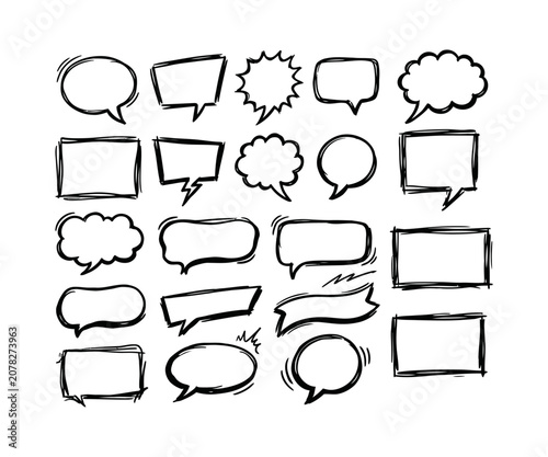 Large collection of diverse hand drawn speech bubbles and comic style dialogue shapes.