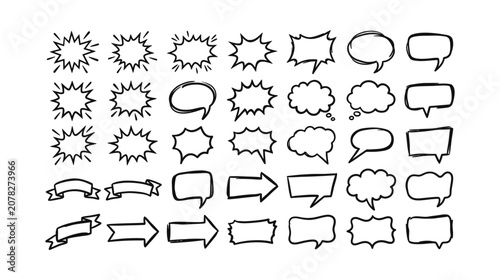Set of various hand drawn speech bubbles and comic elements for creative design projects.