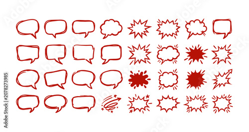 Set of red hand drawn speech bubbles and comic style burst effects for creative design.