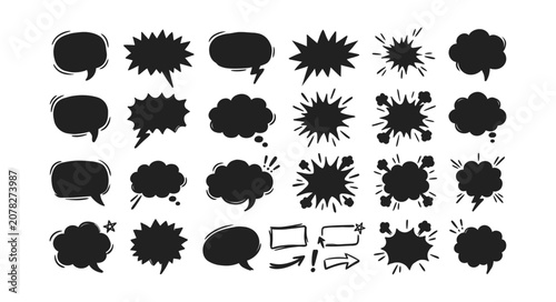 Professional set of solid black speech bubbles and comic design elements on background.