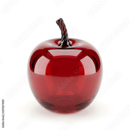 Glossy Red Glass Apple Decorative Ornament Isolated on White Background with Modern Elegant Transparent Crystal Design


