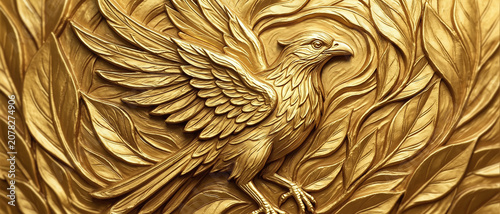 A detailed golden relief sculpture of a majestic eagle with spread wings surrounded by intricate swirling patterns.