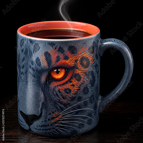 湯気が立つコーヒーが入った雪豹デザインのマグカップの製品写真