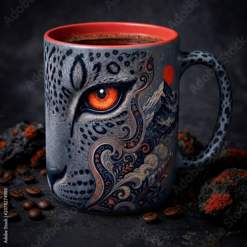 雪豹の目と山の風景を描いた芸術的なデザインマグカップとコーヒー豆