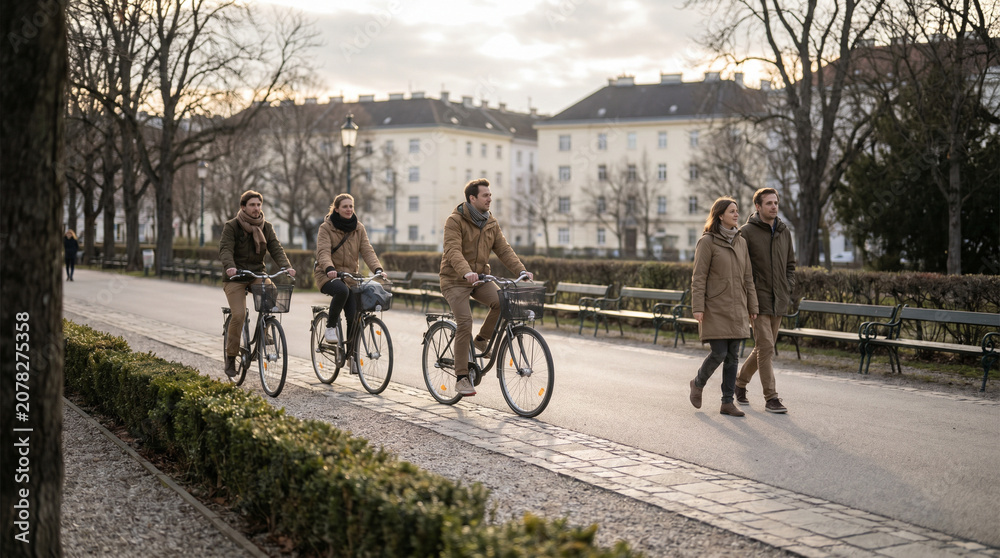 Naklejka premium Shared Boulevard Cycling Scene with Walkers in Vienna Public Space