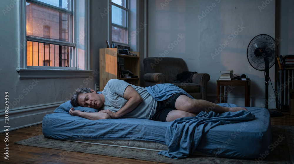 Fototapeta premium Pre Dawn Apartment Floor Mattress Scene After Oppressive Summer Night