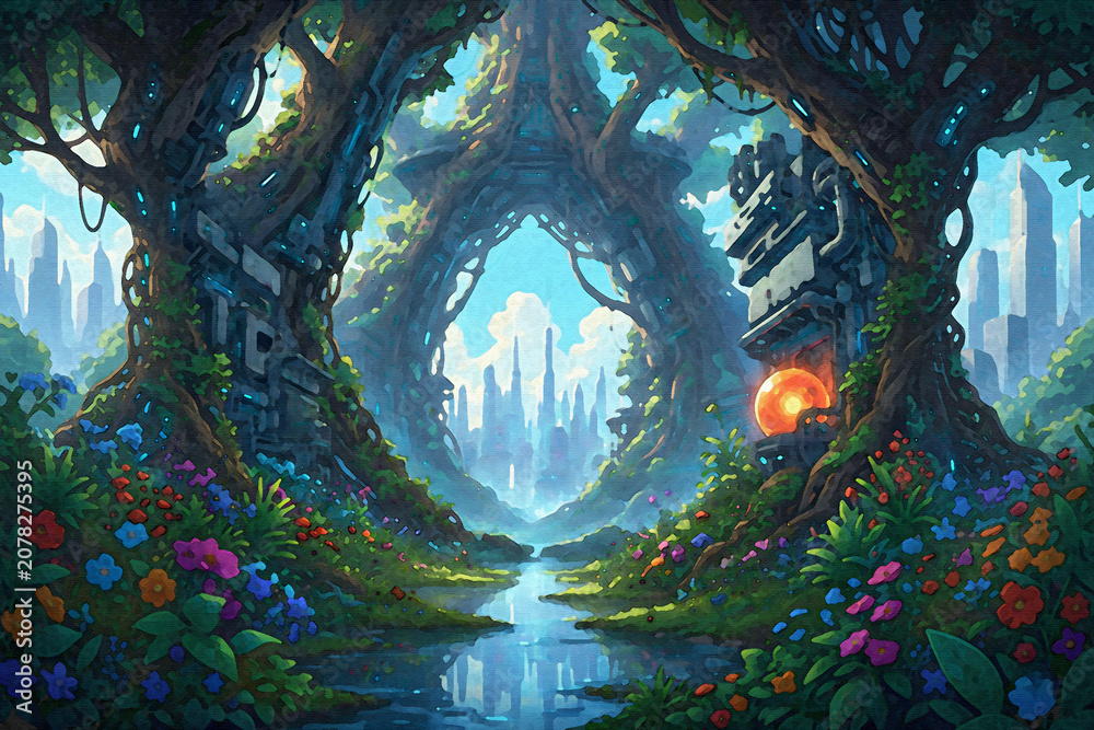 Obraz premium 自然とテクノロジーが融合した幻想的な未来都市への入り口 / Entrance to a Fantastic Future City Where Nature and Technology Merge