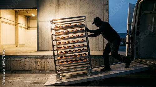 Side profile stainless bakery rack loaded with croissants on dawn ramp