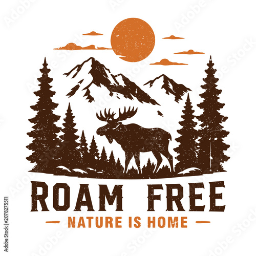 Retro Outdoor T-Shirt Design with Roam Free Mountain Wildlife Graphic for camping, hiking and summer camp themed t-shirt.