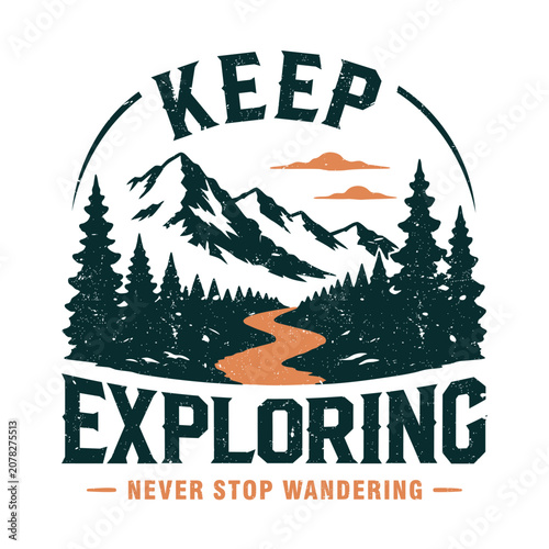 Retro Hiking T-Shirt Design with Keep Exploring design for camping, hiking and summer camp themed t-shirt.