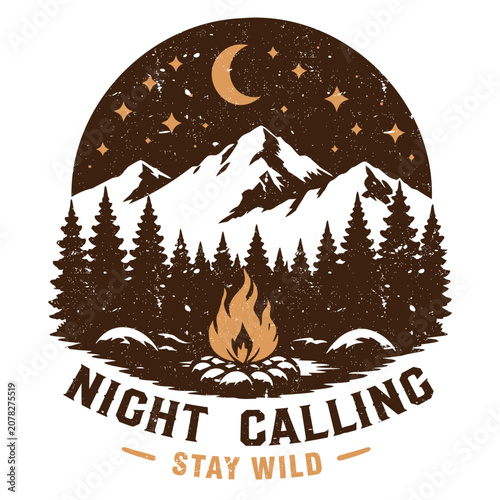 Vintage Outdoor Campfire T-Shirt Design with Night Calling Typography designed for camping, hiking and summer camp themed t-shirt.