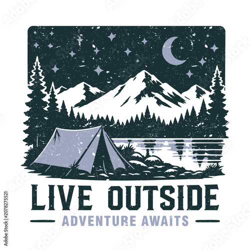 Vintage Camping T-Shirt Design with Live Outside Adventure Graphic designed for camping, hiking and summer camp themed t-shirt.
