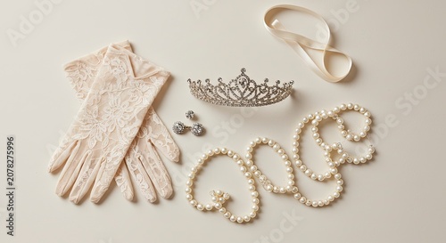 Elegant Bridal Accessories: Lace Gloves, Tiara, Pearls, Earrings, Ribbon.