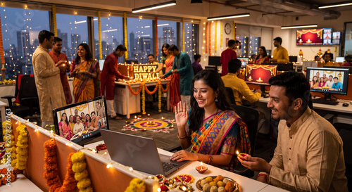 Diwali, or Deepavali,  is an important religious and cultural event in India that celebrates light. Real, modern India: people celebrating in offices and on video calls with family. 