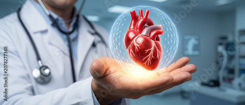 A doctor holds a glowing 3D hologram of a human heart, symbolizing advanced medical technology and cardiovascular care.