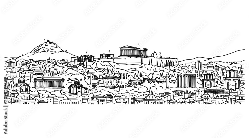 Obraz premium Athens Skyline Sketch with Acropolis and Parthenon Panoramic Cityscape Illustration