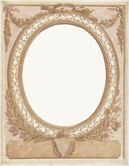 Vintage neoclassical oval border frame on old paper texture background. Antique empire engraving template with crown crest, laurel garland and blank copy space for portrait book layout.