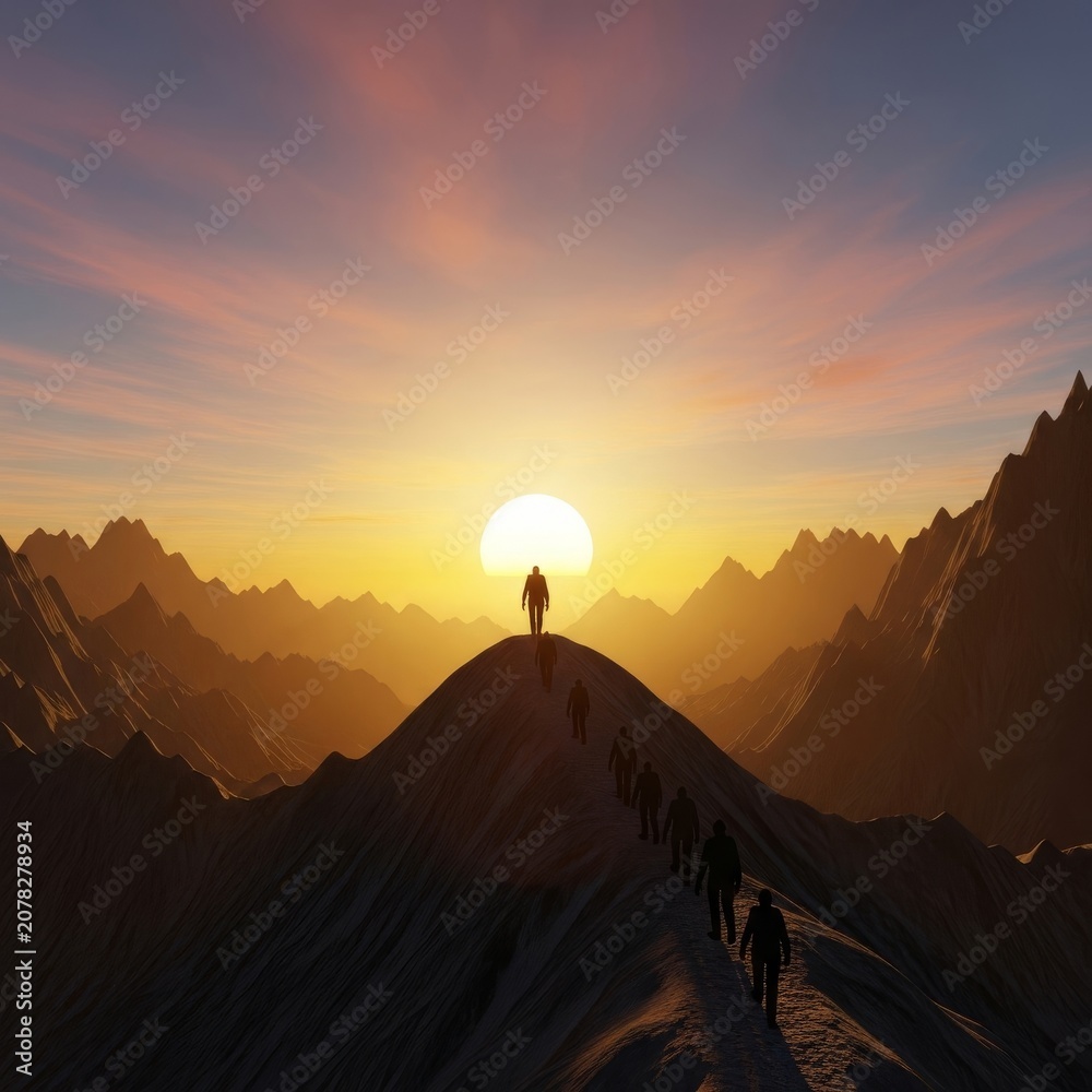 Naklejka premium A solitary silhouette leads a collective group along a winding mountain trail during a golden sunrise, illustrating guidance and team success, career, challenge, sky