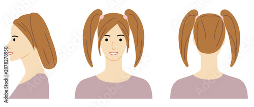 Fotografía Bunches Pigtail hairstyle flat vector front back profile views, double ponytails