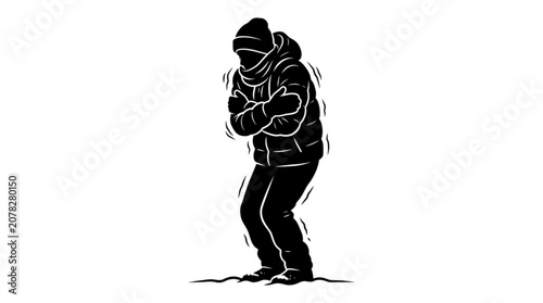 Man Shivering in Cold Weather Silhouette, Winter Seasonal Illness Concept